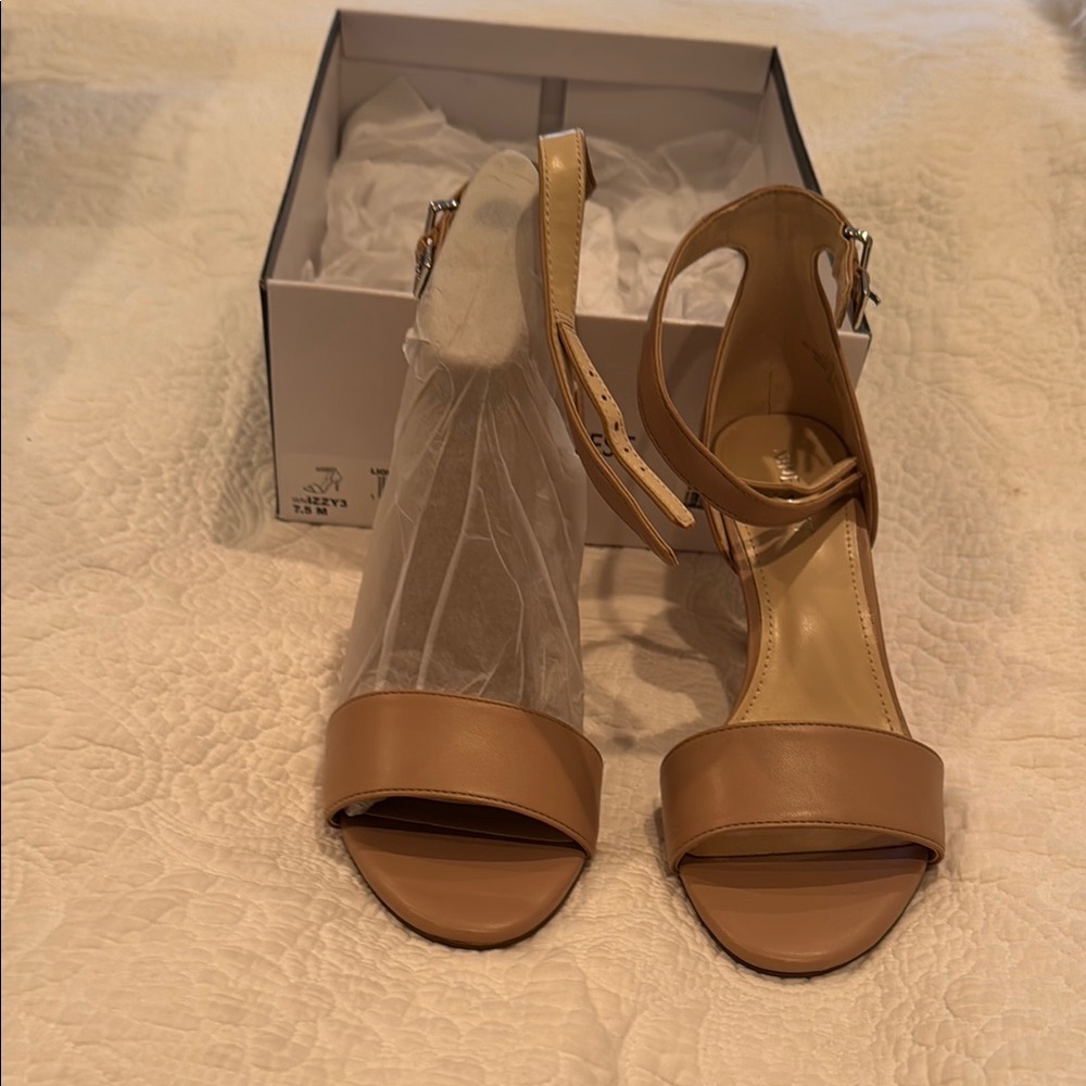 Tan Block Heel Sandals with Ankle Straps